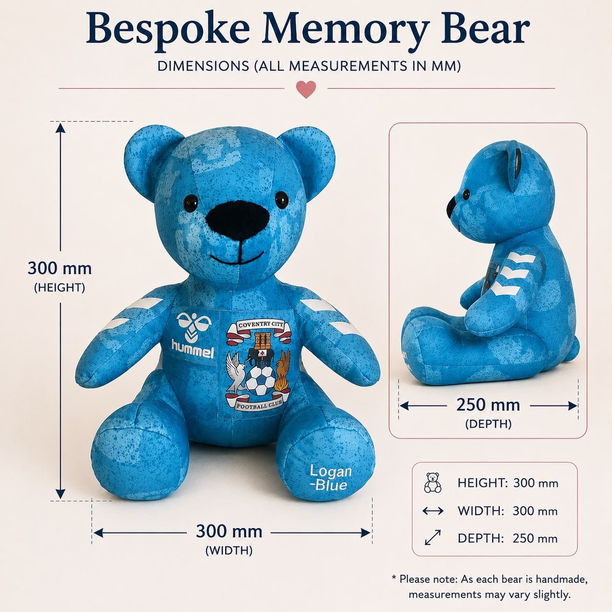Bespoke Memory Bear dimensions diagram